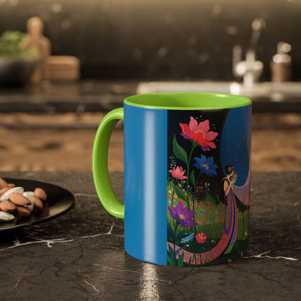 The Lady And The Moonlit Peak Colorful Mugs – Art Deco Alpine Garden Elegance