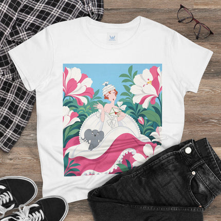 🌸🐘 The Pink Blossom Companion Cotton Tee – Art Deco Floral Whimsy
