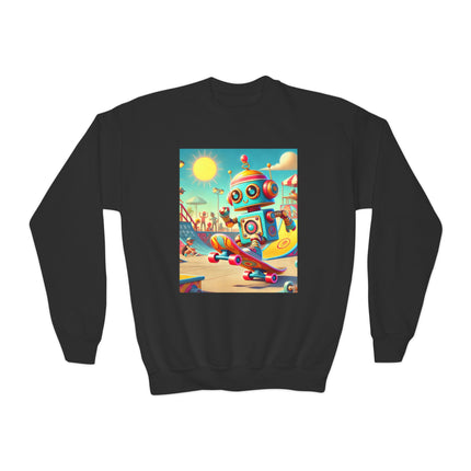 Skate Park Robot Youth Crewneck Sweatshirt – Energy, Motion & Retro-Futuristic Fun