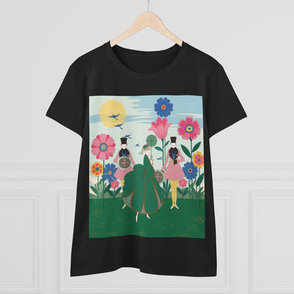 🌸🎩 The Lady Of The Giant Flower Garden Cotton Tee – Art Deco Floral Promenade