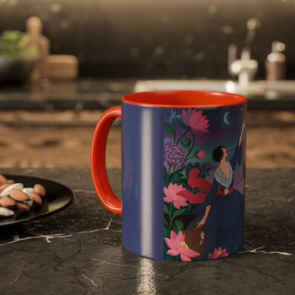 The Lady And The Morning Song Colorful Mugs – Art Deco Botanical Elegance