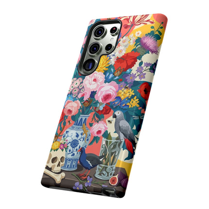 Floral Vanitas Phone Case – Parrot & Porcelain Splendor