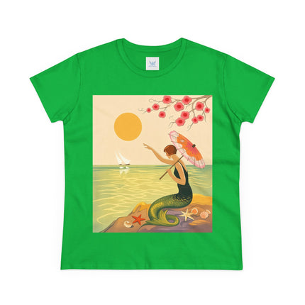 🧜‍♀️🌸 The Mermaid Beneath The Blossoms Cotton Tee – Art Deco Seaside Fantasy