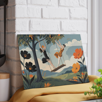 🌳🧡 The Ladies Of The Autumn Swing Glass Cutting Board – Art Deco Woodland Whimsy