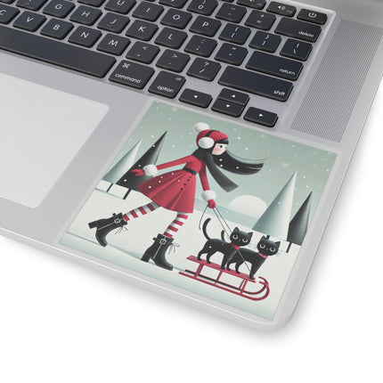 Red Sled & Curious Cats Kiss-Cut Stickers (4 Sizes)