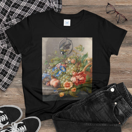 Still Life With Flowers, Fruit, A Great Tit And A Mouse by Herman Henstenburgh Women's Midweight Cotton Tee