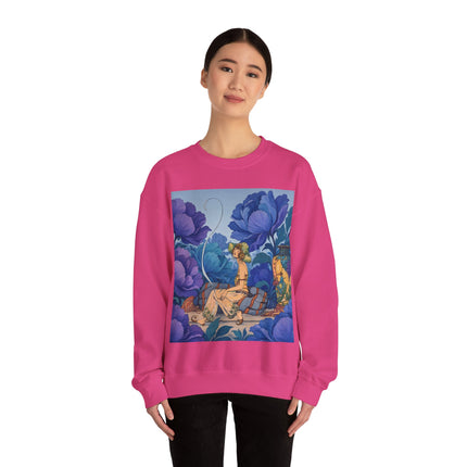 💙🌸 The Lady Among The Blue Blossoms Crewneck Sweatshirt – Art Deco Floral Reverie