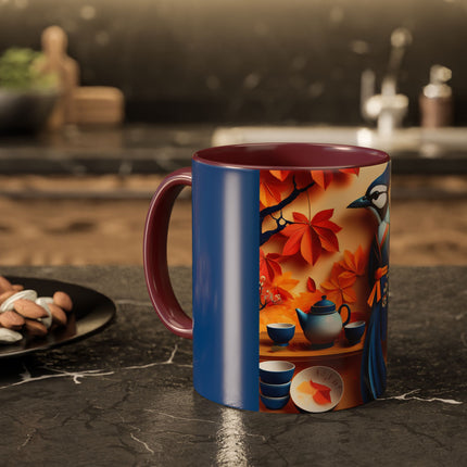 Blue Jay at an Autumn Tea Ceremony Colorful Mugs (11oz, 15oz)