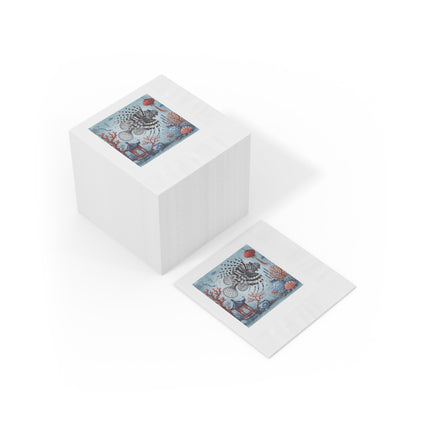 Lionfish & Lantern White Coined Napkins – Mystical Ocean & Asian Harmony
