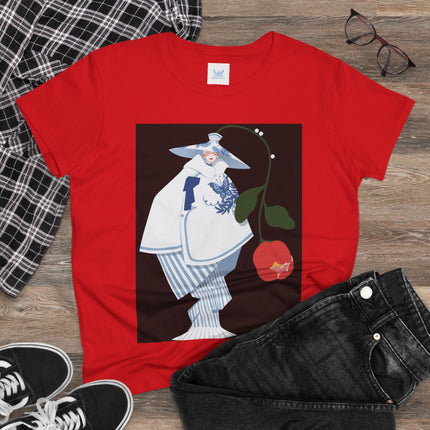 Blue & White Porcelain Geisha Women's Midweight Cotton Tee – Refined Elegance & Timeless Charm