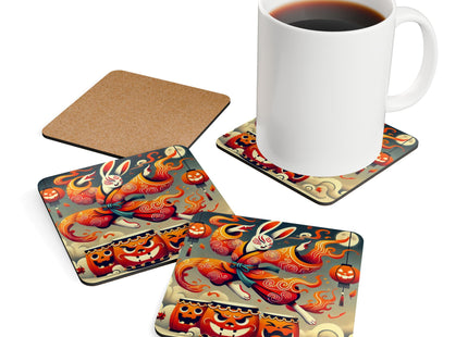 Jack-O’-Lantern Drums & The Kabuki Rabbit Corkwood Coaster Set
