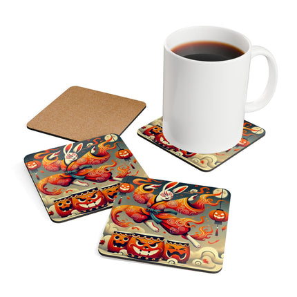 Jack-O’-Lantern Drums & The Kabuki Rabbit Corkwood Coaster Set