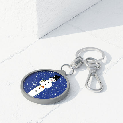 Snowman in Falling Snow Keyring Tag