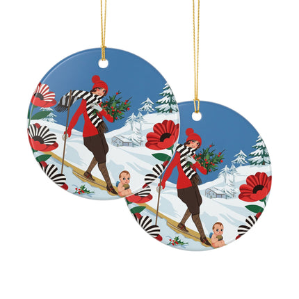 🎿🎄 The Christmas Holly Skier Ceramic Ornament – Whimsical Holiday Fantasy