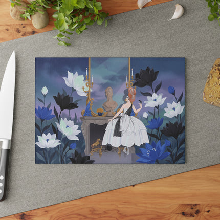 🖤💙 The Lady Of The Midnight Blue Salon Glass Cutting Board – Art Deco Floral Elegance