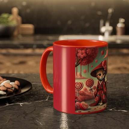 Whimsical Geisha Kitten in a Valentine Garden Colorful Mugs (11oz, 15oz)