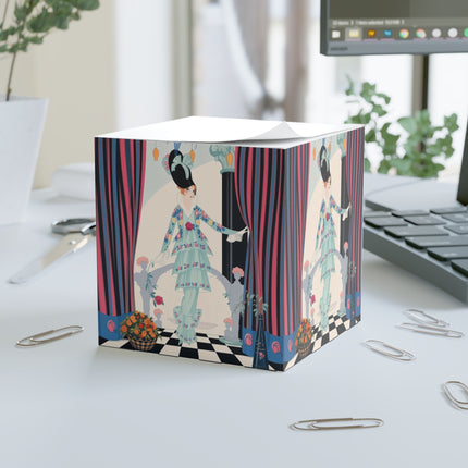 🌹🎭 The Lady Between The Curtains Note Cube – Art Deco Floral Theatre