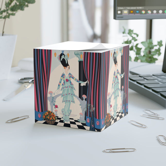 🌹🎭 The Lady Between The Curtains Note Cube – Art Deco Floral Theatre