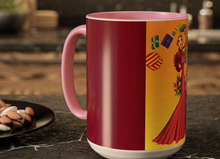 Elegant Holiday Woman with Gifts Colorful Mugs (11oz, 15oz)
