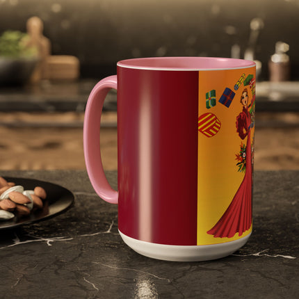 Elegant Holiday Woman with Gifts Colorful Mugs (11oz, 15oz)