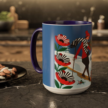 🎿🎄 The Christmas Holly Skier Colorful Mug – Whimsical Holiday Fantasy