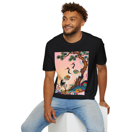 🐦🌸 The Enchanted Crane Garden Softstyle T-Shirt – Oriental Elegance & Colorful Harmony