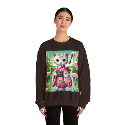 Geisha Kitten Strolls Among the Spoonbills  Unisex Heavy Blend™ Crewneck Sweatshirt