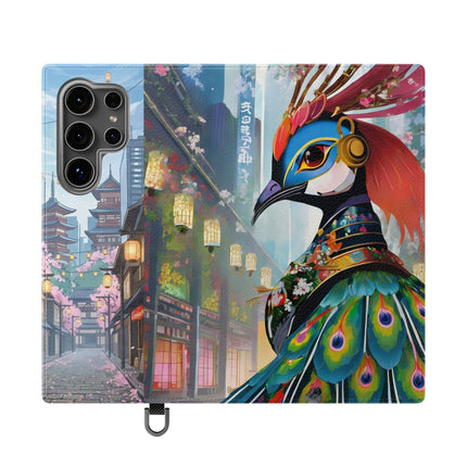 🦚🌸 Techno Plumes Peacock Flip Case – Neon Elegance & Sakura Dreams