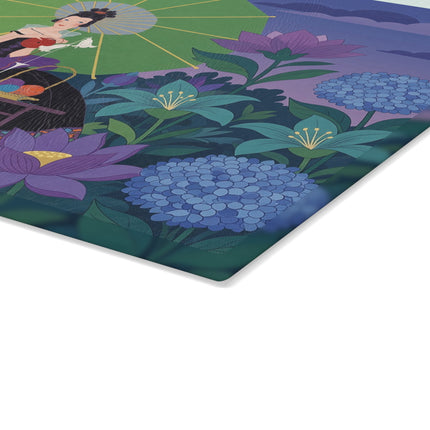 🧶🌸 The Lady Of The Lotus Threads Glass Cutting Board – Art Deco Floral Sewing Elegance