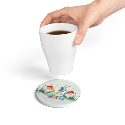🧚🍄 The Fairy Of The Scarlet Mushrooms Ceramic Coaster – Art Deco Woodland Fantasy