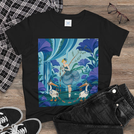 🪶🌺 The Pelican Garden Dance Cotton Tee – Art Deco Botanical Whimsy