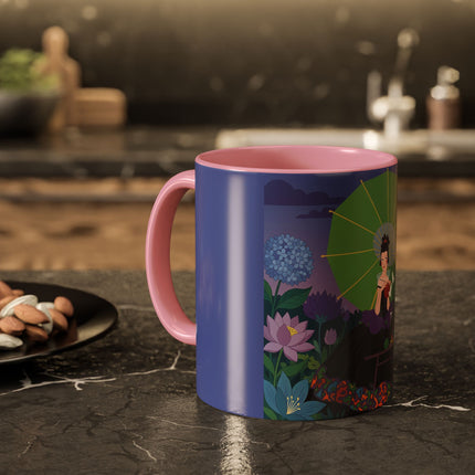 The Lady Of The Moonlit Needlework Colorful Mugs – Art Deco Crafting Elegance