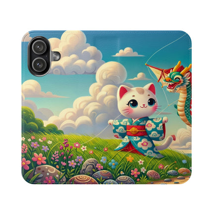 🪁🐉 Geisha Kitten and the Dragon Kite Flip Case – Joyful Flight & Dragon Spirit