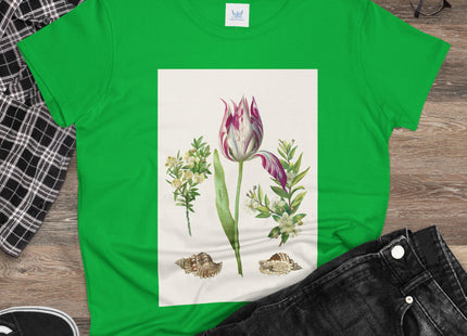 Tulip flower with Two Branches of Myrtle and Shells Cotton Tee