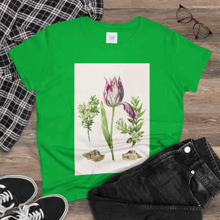 Tulip flower with Two Branches of Myrtle and Shells Cotton Tee