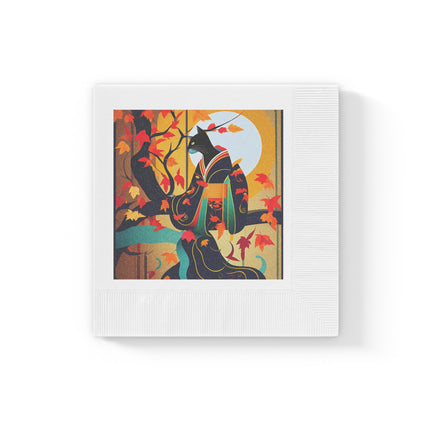 Black Cat in Kimono White Coined Napkins