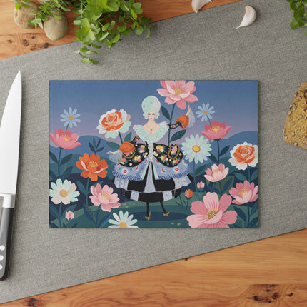 🌸🎀 The Lady Of The Grand Flower Garden Glass Cutting Board – Art Deco Floral Fashion Fantasy