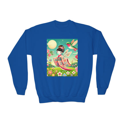 Geisha Fairy and the Hummingbird Blossom Youth Crewneck Sweatshirt – Magic, Grace & Dreamlike Beauty