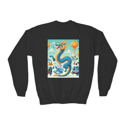 Blue & Gold Dragon Festival Parade Youth Crewneck Sweatshirt – Celebration, Color & Joyful Movement