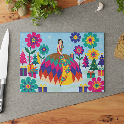 🌸🎄 The Lady Of The Kaleidoscope Garden Glass Cutting Board – Art Deco Christmas Fantasy