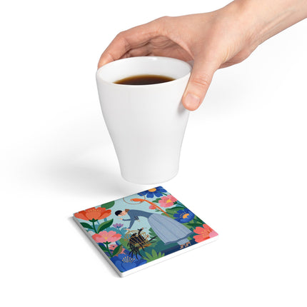 🦜🌺 The Lady Of The Garden Aviary Ceramic Coaster – Art Deco Floral Whimsy