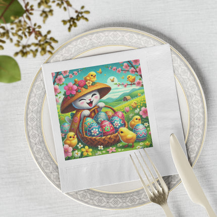 Geisha Kitten’s Easter Delight White Coined Napkins