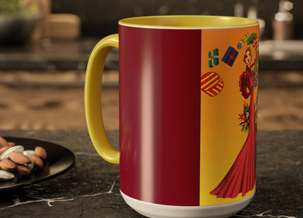 Elegant Holiday Woman with Gifts Colorful Mugs (11oz, 15oz)