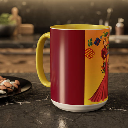 Elegant Holiday Woman with Gifts Colorful Mugs (11oz, 15oz)