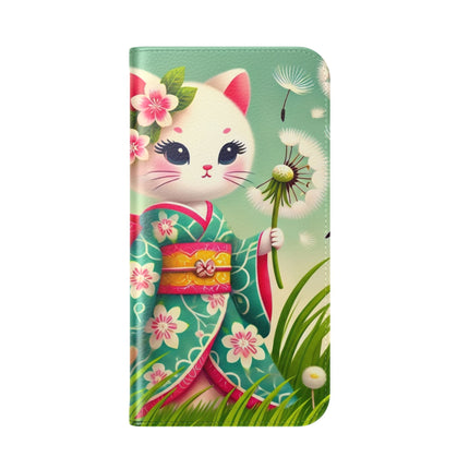 🌾🌼 Geisha Kitten and the Dandelion Wish Flip Case – Gentle Wishes & Quiet Wonder