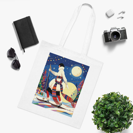🎿🌙 The Moonlit Christmas Skier Cotton Tote Bag – Art Deco Holiday Adventure