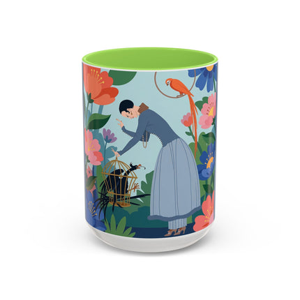 The Lady And The Mysterious Bird Colorful Mugs – Art Deco Botanical Mystery