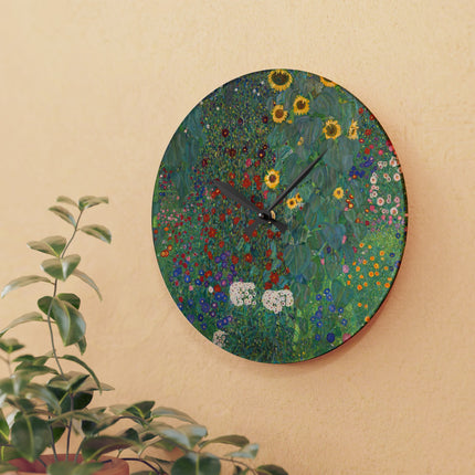 Farm Garden with Sunflowers by Gustav Klimt Acrylic Wall Clock, Round and Square