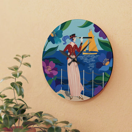 🔭⛵ The Lady Of The Seaside Spyglass Acrylic Wall Clock – Art Deco Coastal Elegance