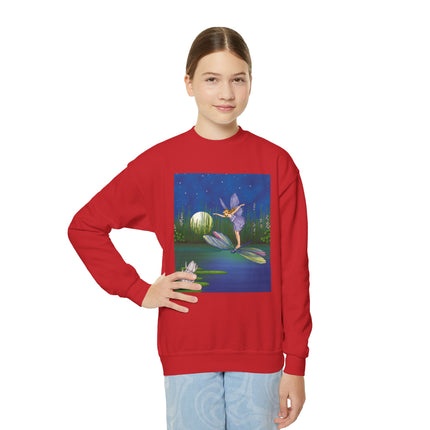 Fairy on a Dragonfly Youth Crewneck Sweatshirt – Enchanting Moonlit Fantasy